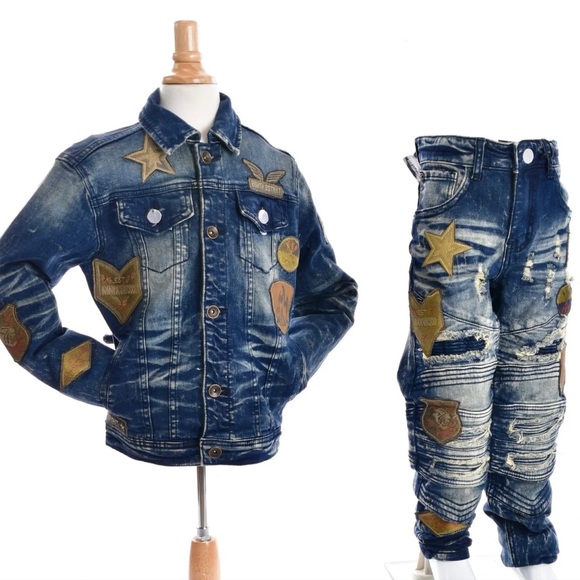 BOYS’ MOTO JACKET WITH PATCHES-INDIGO - Picture 4 of 8